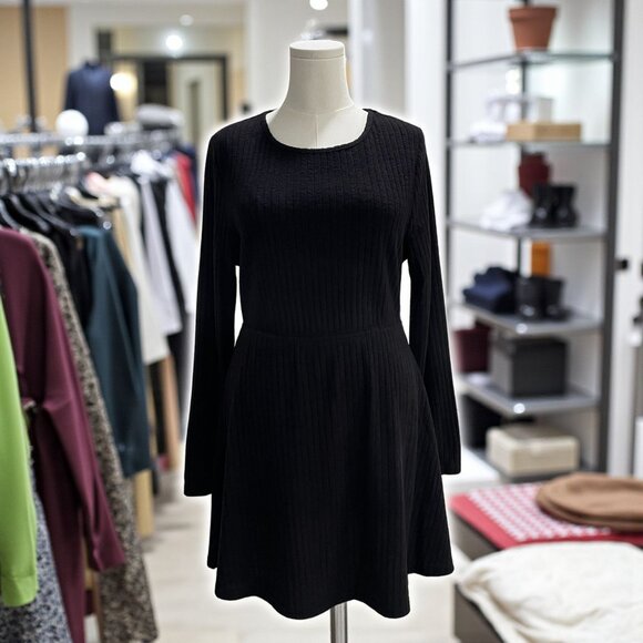 Cupshe Black Ribbed Knit Long Sleeve Skater Dress XL Minimalist Casual Y2K NWT - Picture 1 of 9